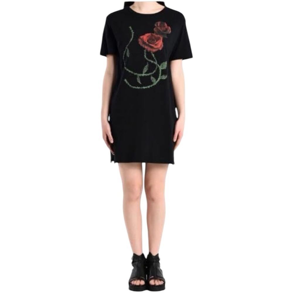 Pierre Darre Black Cotton Mini Dress Rose Graphic Short Sleeve Size XS